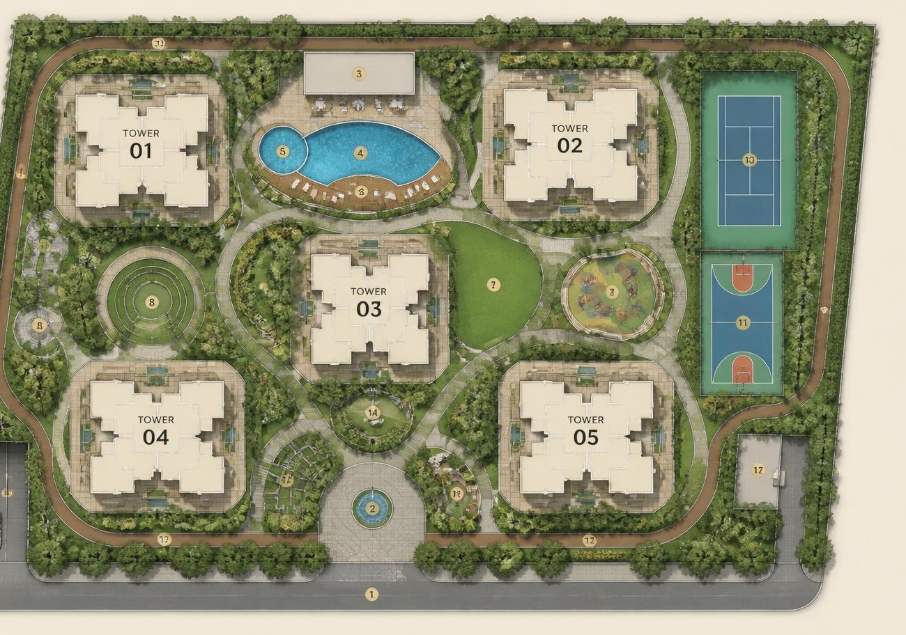 Illustrated master plan of the residential estate with towers, pool and courts